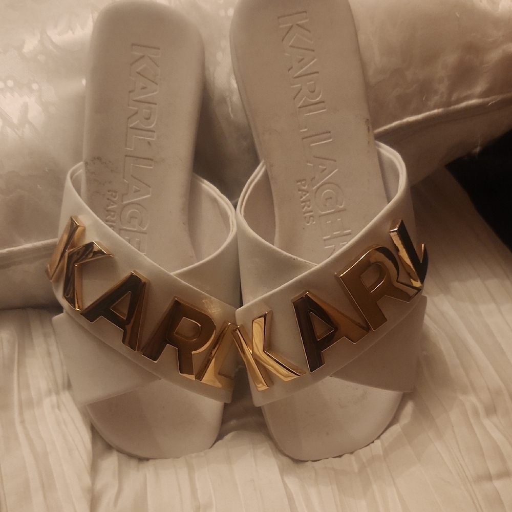 Karl Lagerfeld White Slides with Gold Accents